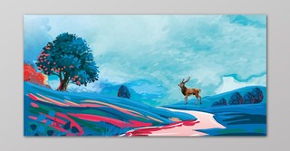 房地产促销介绍蓝色油画手绘小鹿树木植物山水风光优美海报
